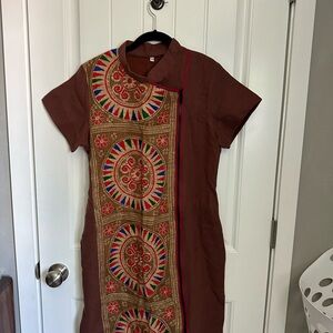 Chic Brown Dress with Vibrant Embroidery and Elegant Design